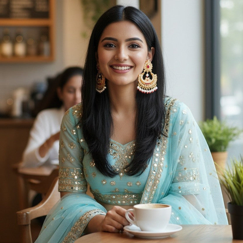 A woman with long black hair sits at a wooden table in a cafe, wearing a light blue traditional outfit with gold embroidery and holding a white coffee cup. She is wearing large gold earrings.