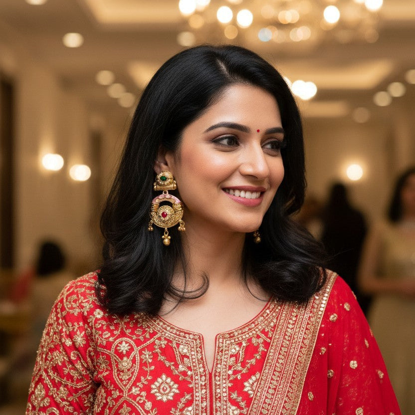 A woman with dark hair smiles while wearing a red traditional outfit with gold embroidery and large ornate gold earrings in a warmly lit indoor hallway.