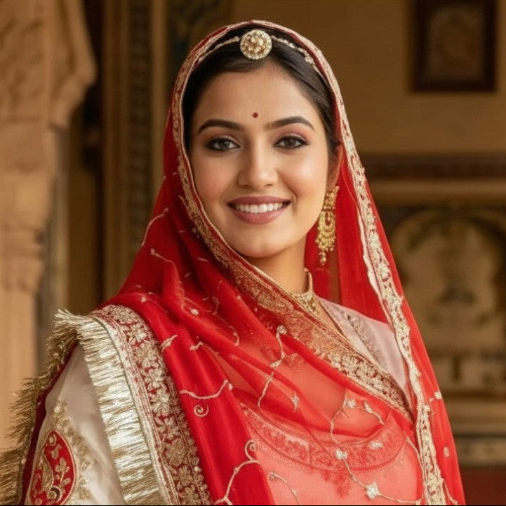 A woman wearing an ornate traditional Indian outfit with a red dupatta and a cream-colored dress decorated with gold embroidery and red motifs, set against a warm, blurred indoor background.