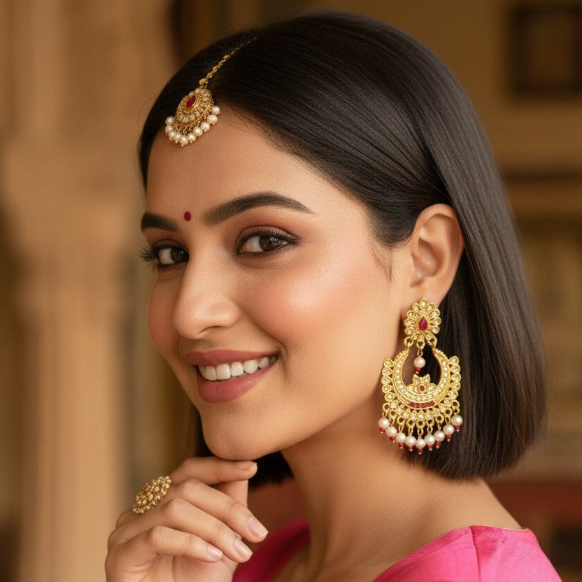 A woman with a warm smile wearing traditional Indian jewelry, including a gold-toned maang tikka, large jhumka earrings, and a matching ring, paired with a bright pink top. The background is a softly blurred warm-toned architectural setting.