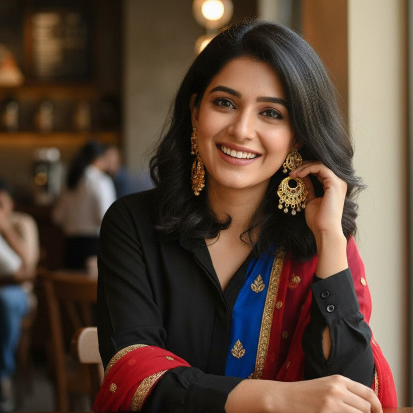 A woman with long black hair smiles while wearing large gold earrings, a black top, and a red and blue draped scarf with gold embroidery, seated in a softly blurred cafe interior.