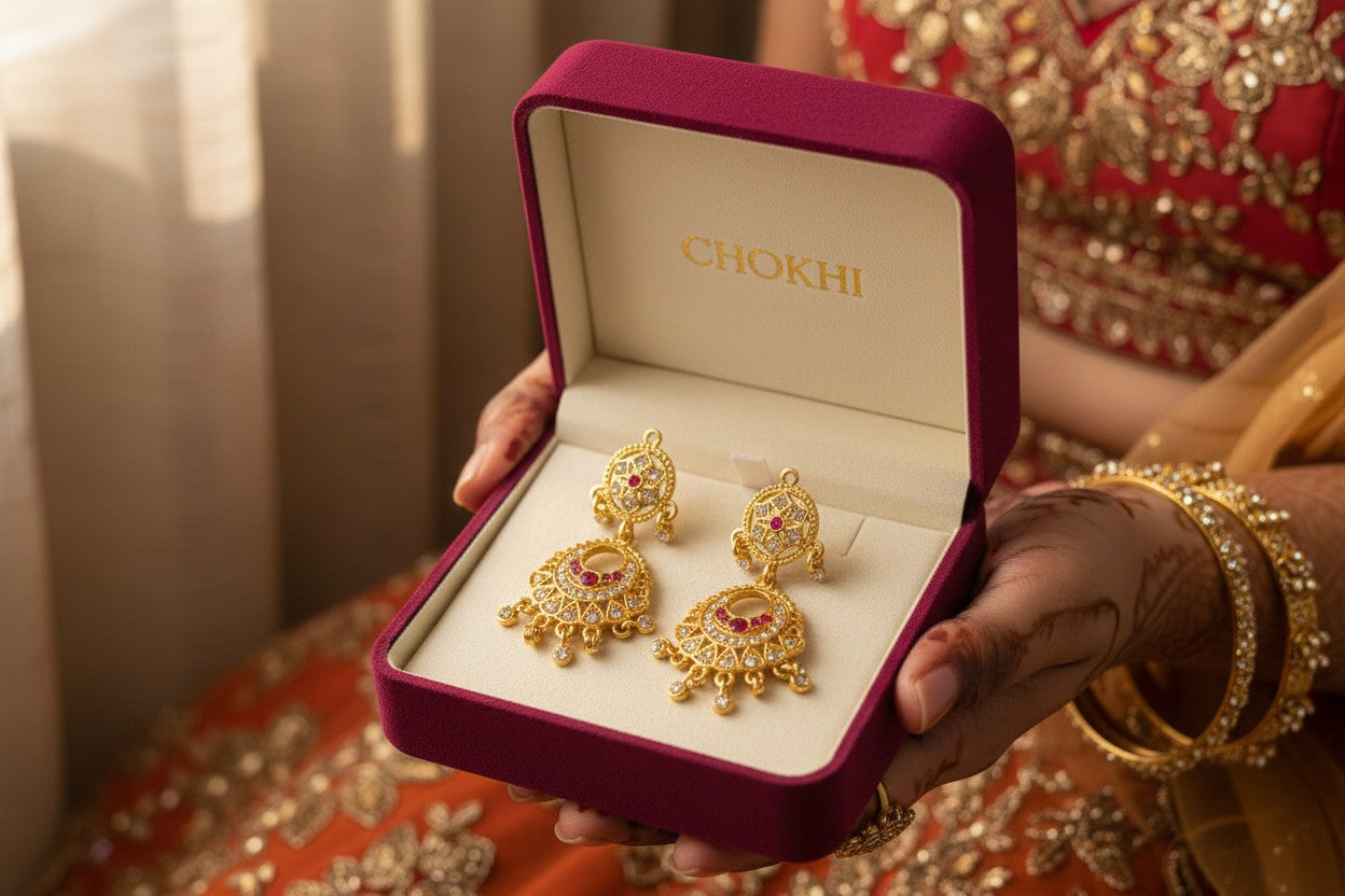 A pair of gold-toned traditional Indian earrings with pink stones, presented in an open deep magenta velvet box branded 'CHOKHI'. The box is held by hands adorned with henna and gold bangles, with a person in an ornate red and gold embroidered traditional outfit in the background.