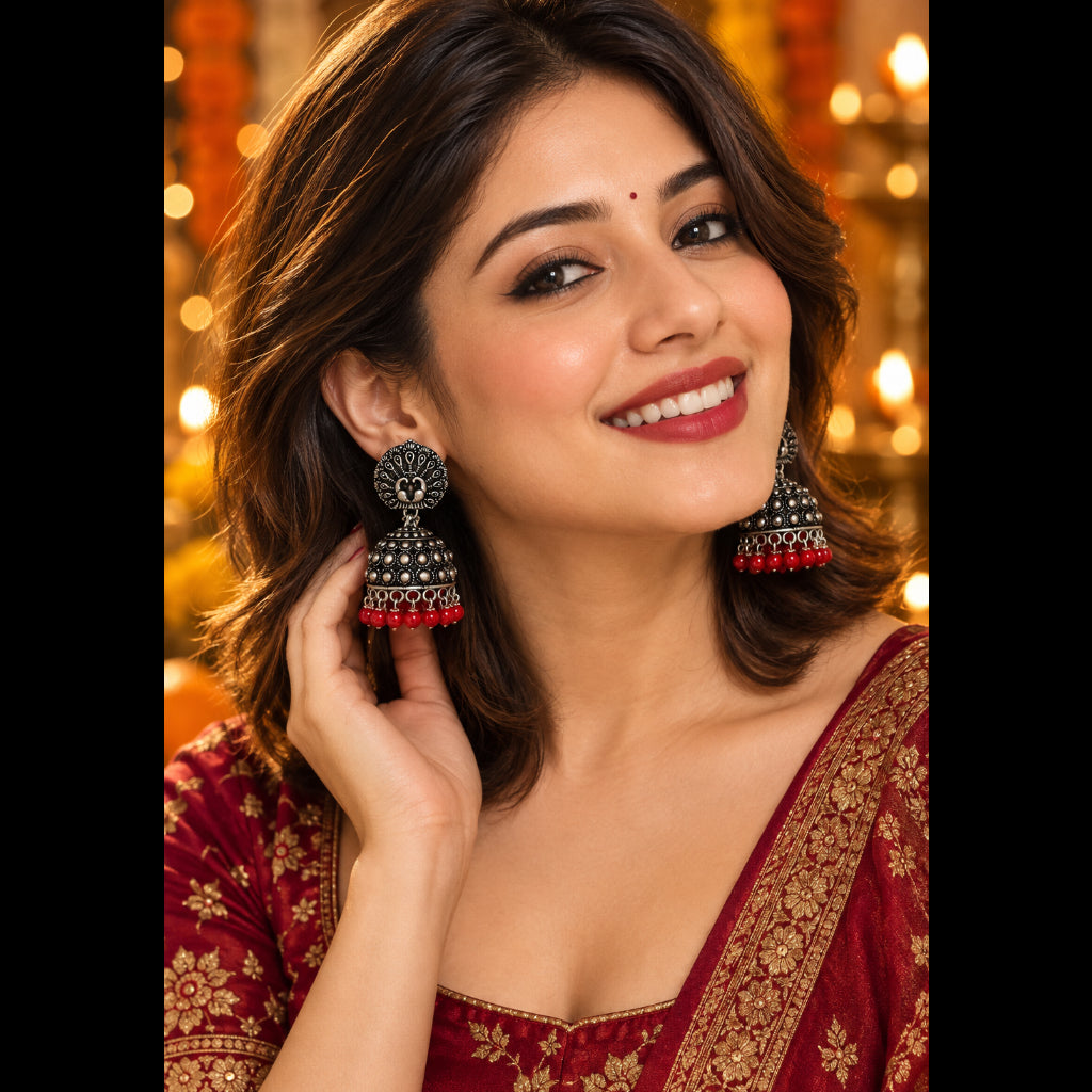 Oxidised Teardrop Jhumki Earrings | Maroon Bead Dome