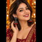 Oxidised Teardrop Jhumki Earrings | Maroon Bead Dome