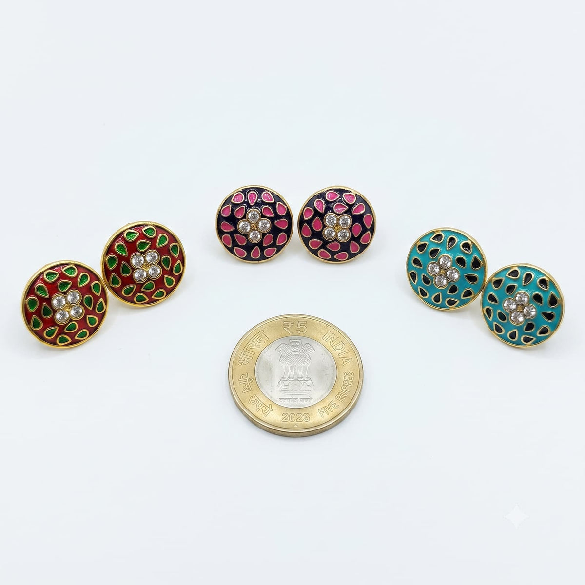 ✨ Meenakari Stud Combo ✨ | Minimal Everyday Office Wear | Set of 3 - Pink, Blue & Red