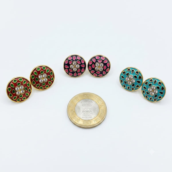 ✨ Meenakari Stud Combo ✨ | Minimal Everyday Office Wear | Set of 3 - Pink, Blue & Red