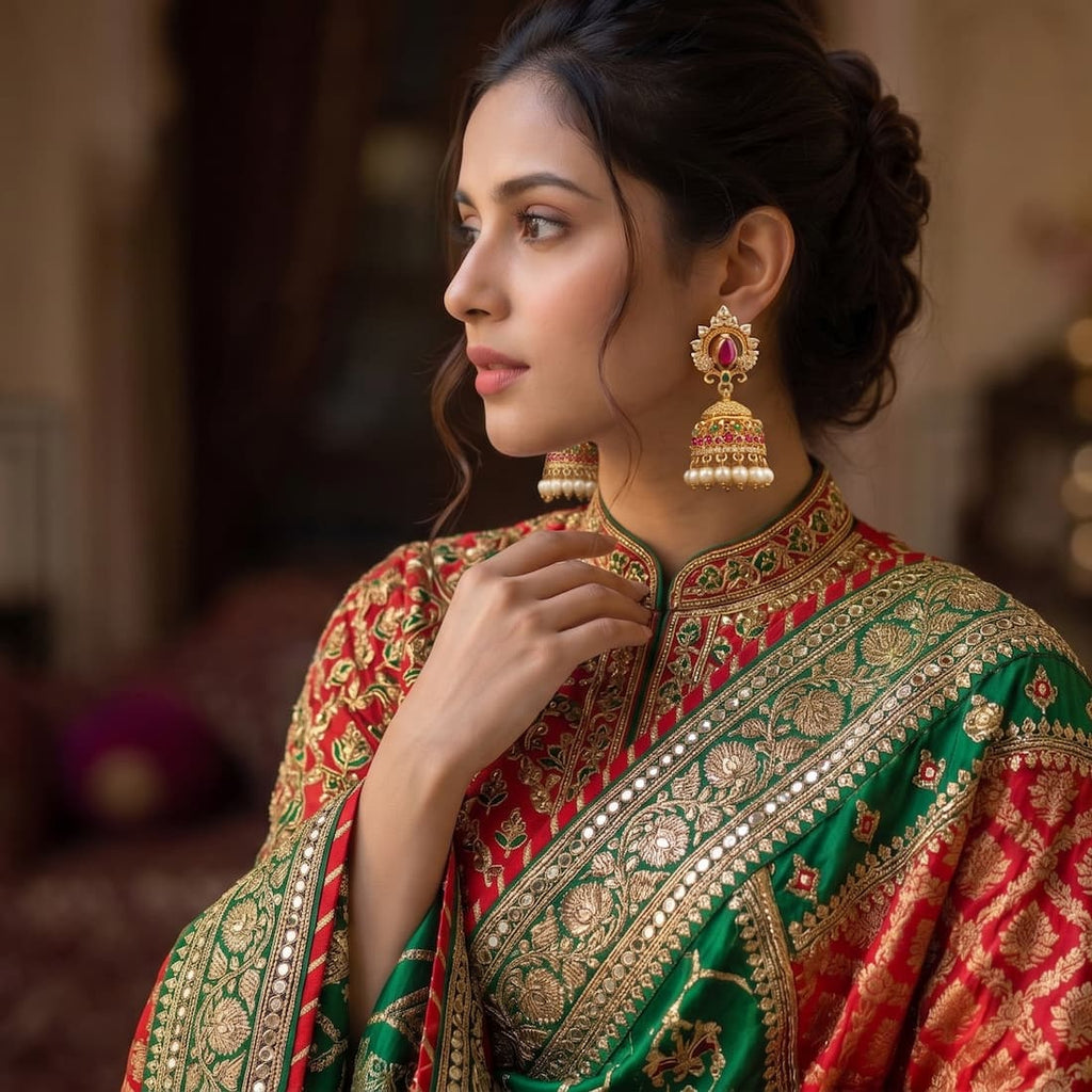 A woman in profile wearing an ornate red and green embroidered traditional garment with gold zari detailing, paired with matching gold jhumka earrings, in a softly blurred indoor setting.