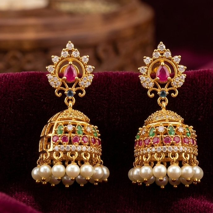 A pair of ornate gold-toned Jhumka earrings with red and green stone accents and white pearl bead drops, displayed on a deep burgundy velvet fabric.