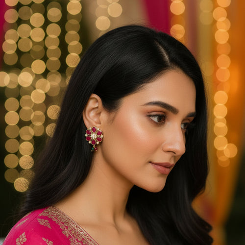 A woman with blonde hair wearing a bright pink traditional outfit with gold patterns and matching earrings, photographed in a warmly lit indoor setting with blurred lights in the background.