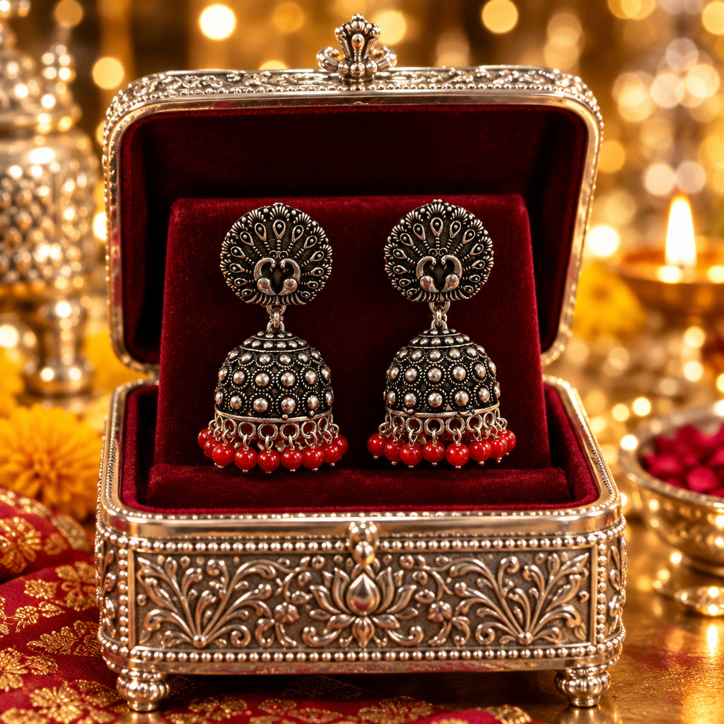 Oxidised Teardrop Jhumki Earrings | Maroon Bead Dome
