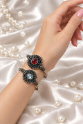 Oxidised Gemstone Filigree Bangle | Ornate Silver Scroll Bracelet