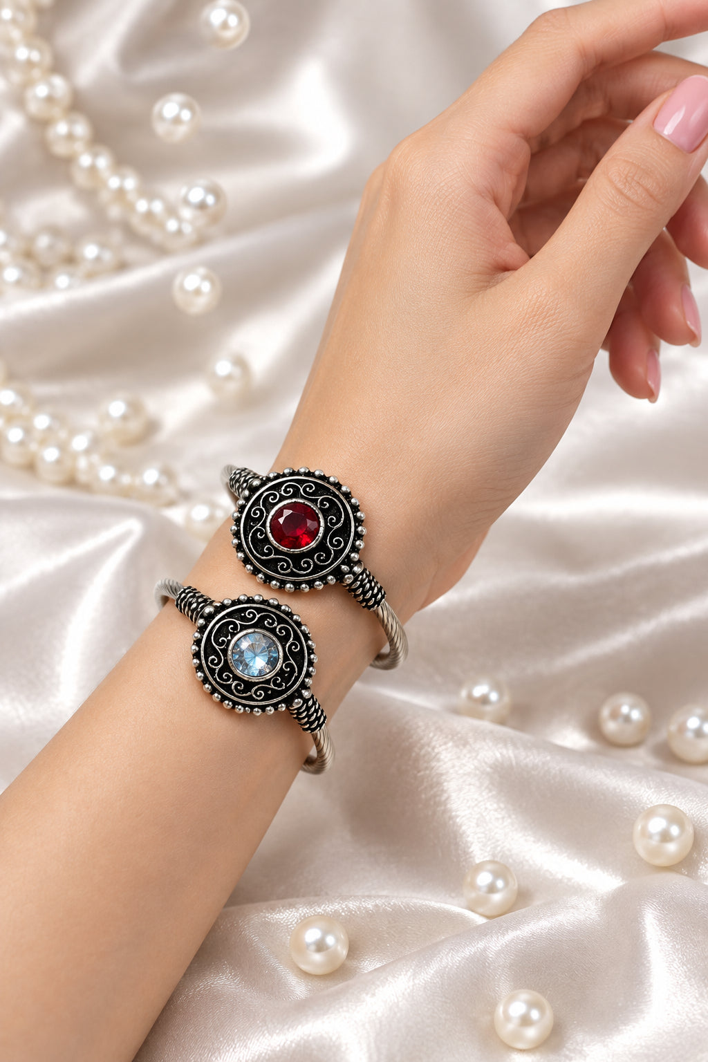Oxidised Gemstone Filigree Bangle | Ornate Silver Scroll Bracelet