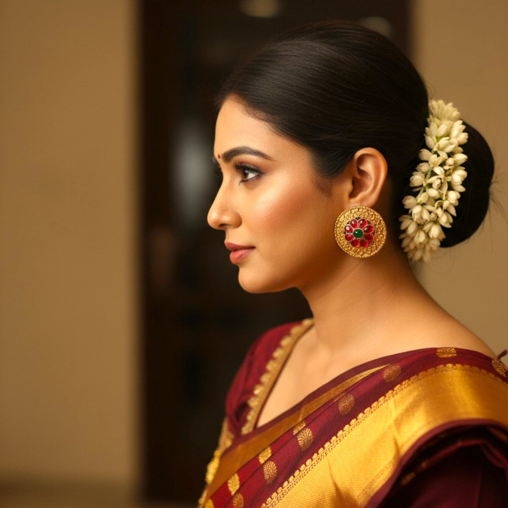 A woman in profile wearing a traditional Indian saree in deep maroon and gold, styled with a white floral hair ornament and gold earrings, set against a softly blurred indoor background.