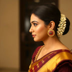 A woman in profile wearing a traditional Indian saree in deep maroon and gold, styled with a white floral hair ornament and gold earrings, set against a softly blurred indoor background.