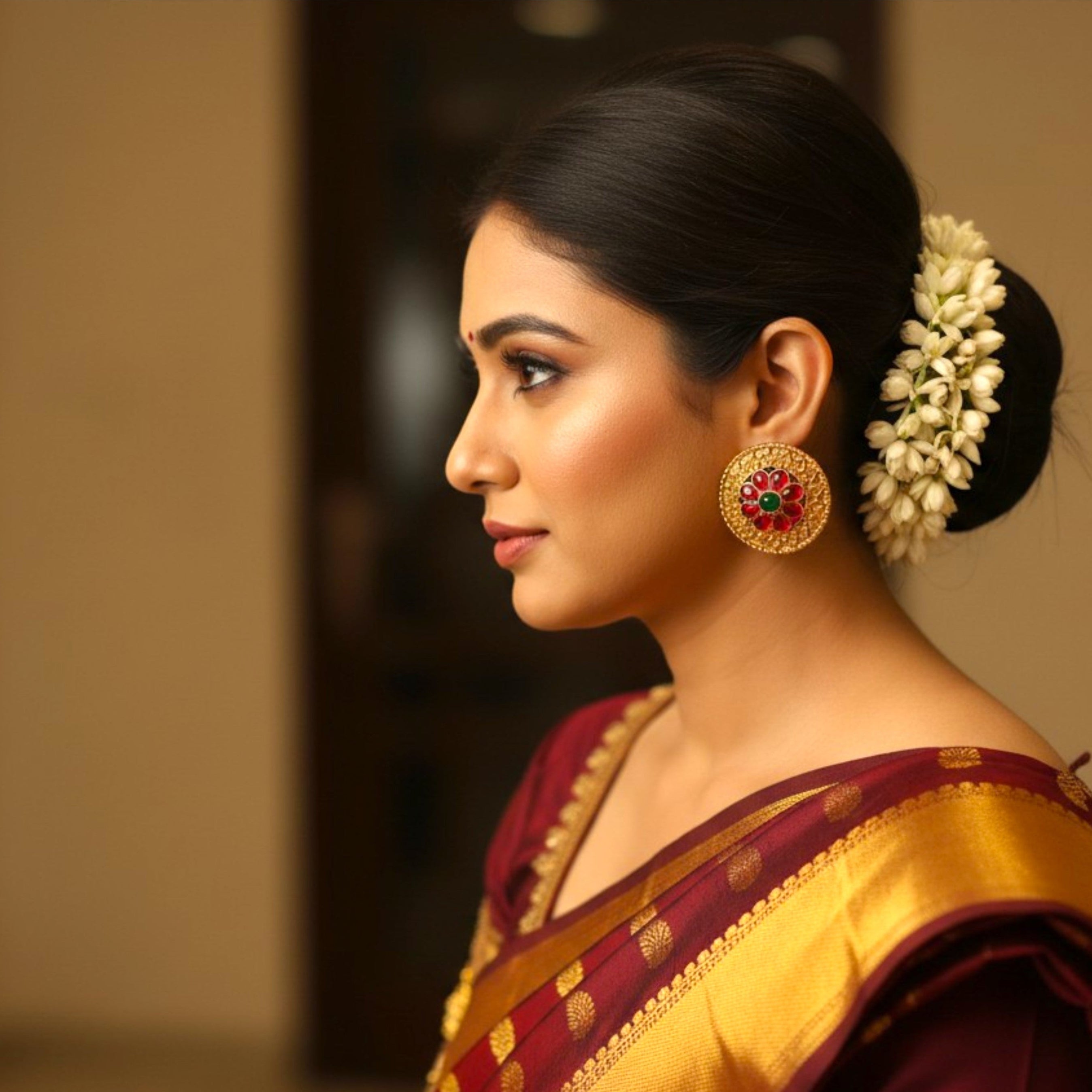 A woman in profile wearing a traditional Indian saree in deep maroon and gold, styled with a white floral hair ornament and gold earrings, set against a softly blurred indoor background.