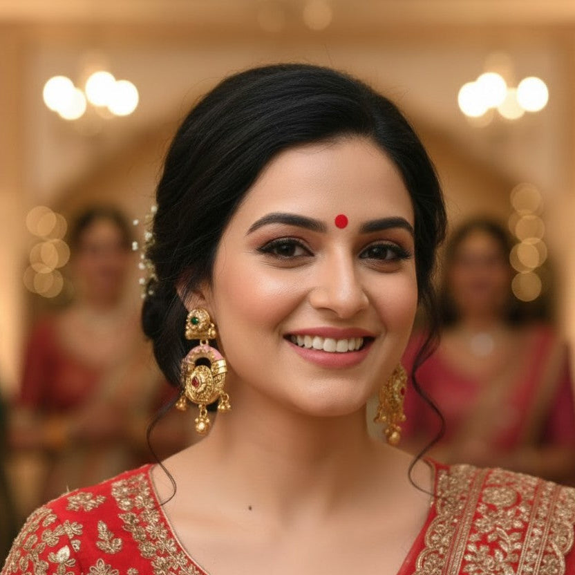 A smiling woman with dark hair styled in an updo, wearing a red and gold embroidered traditional outfit and ornate gold earrings, set against a softly blurred indoor background with warm lights.