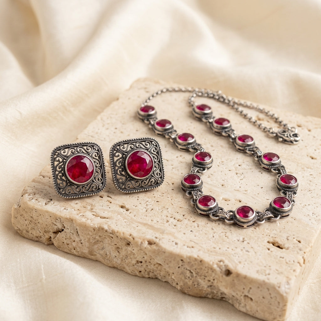 Silver-tone jewelry set with ornate filigree detailing and round red gemstones, including a necklace and matching earrings, arranged on a beige stone slab with draped cream fabric in the background.