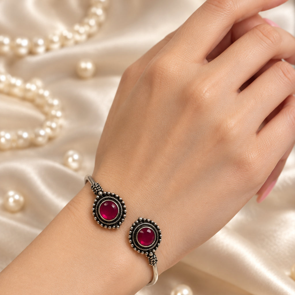Oxidised Ruby Circular Medallion Bangle | Ornate Red Gemstone Bracelet