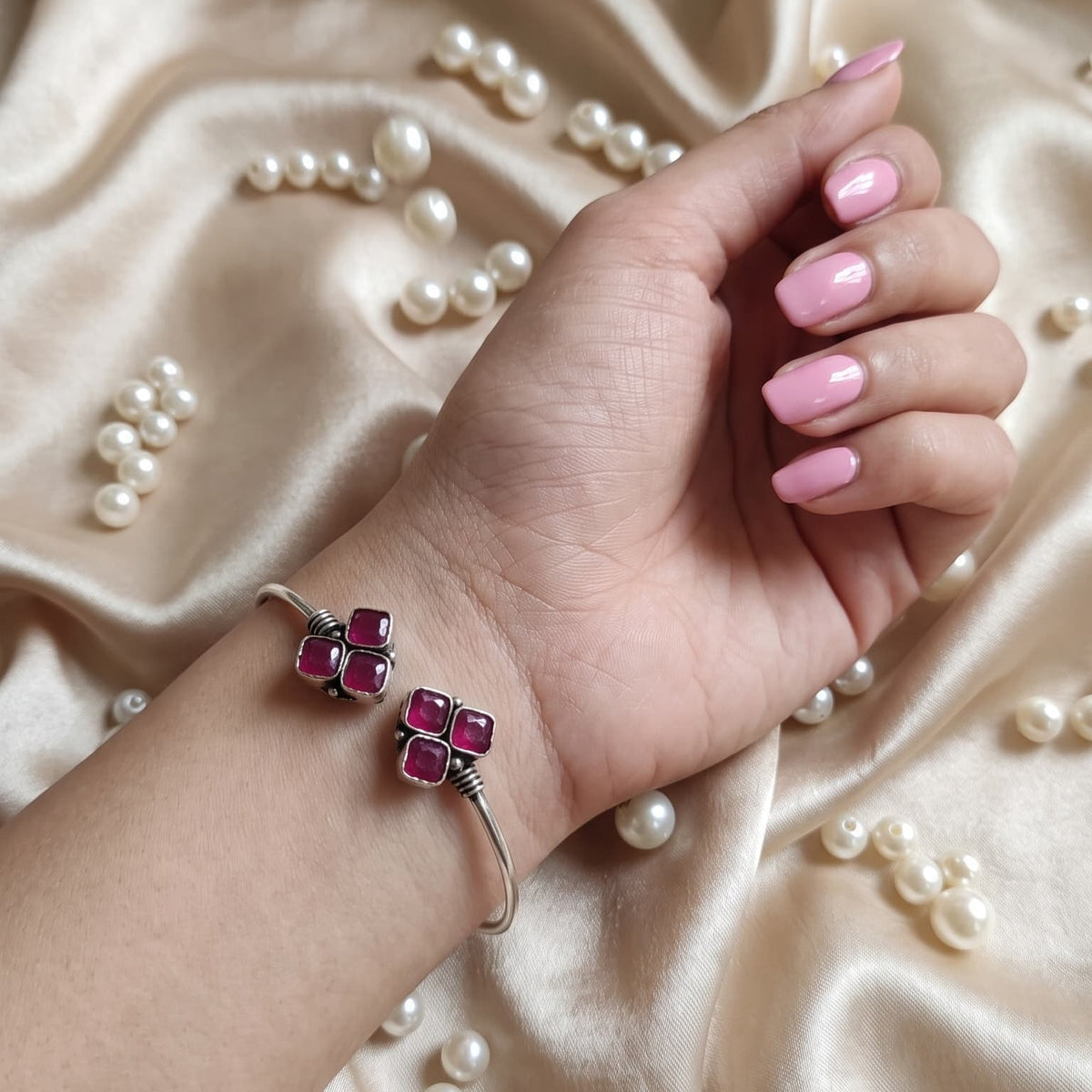 Oxidised Ruby Square Gemstone Bangle | Deep Red Cluster Bracelet
