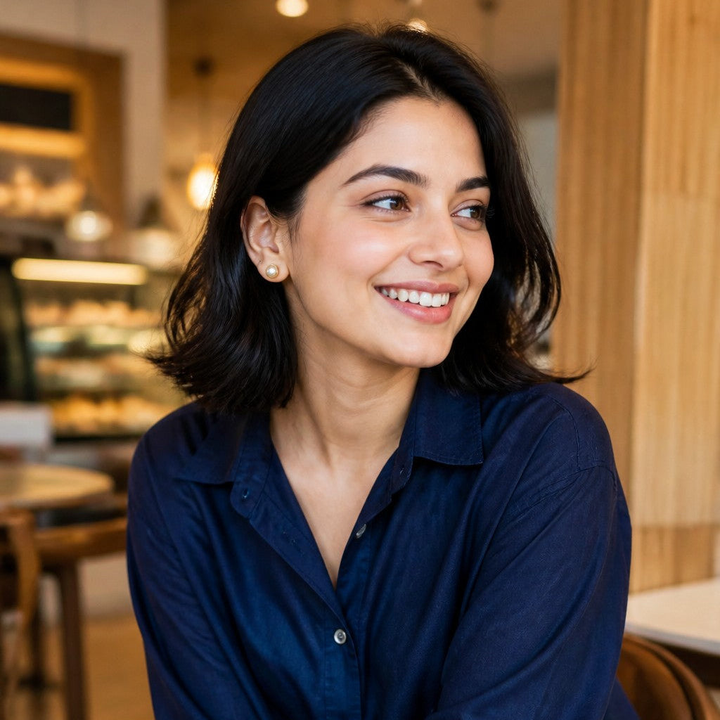 A woman with short dark hair smiling and looking to the side, wearing a navy blue button-up shirt and light blue jeans, seated in a warm, softly lit cafe interior.