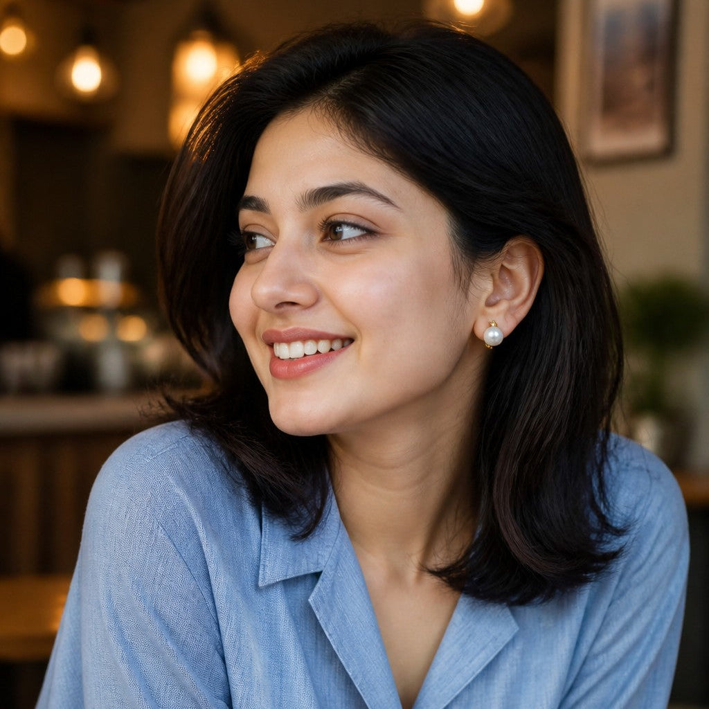A woman with dark shoulder-length hair wearing a light blue button-up shirt, smiling and looking to the side in a warm, softly lit cafe setting.