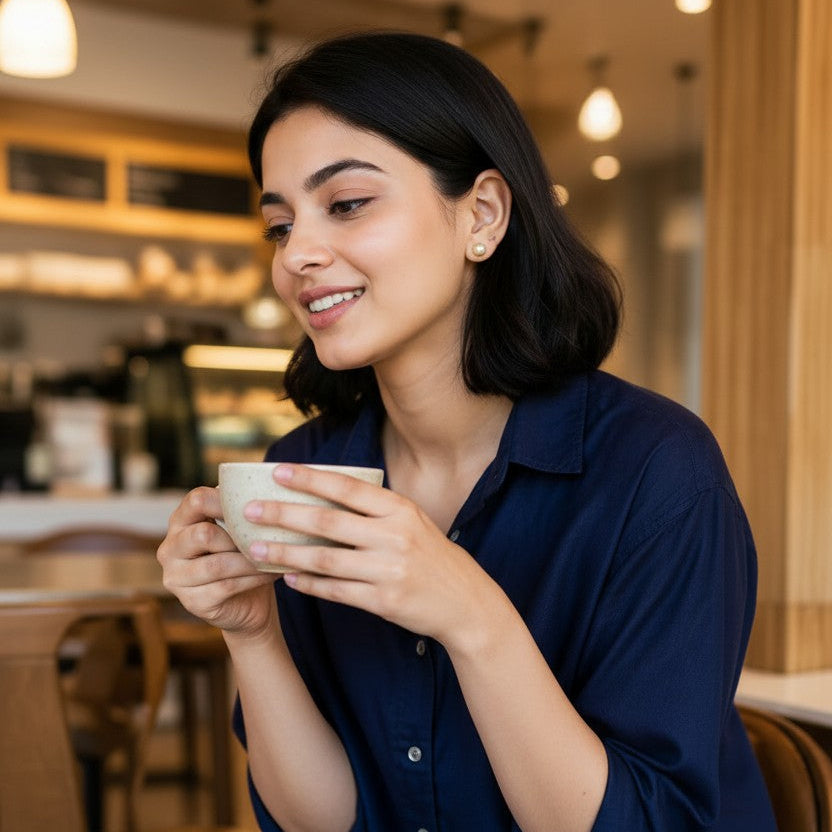A woman with dark hair sits in a cafe setting, wearing a navy blue button-up shirt and light blue jeans, holding a white ceramic mug.