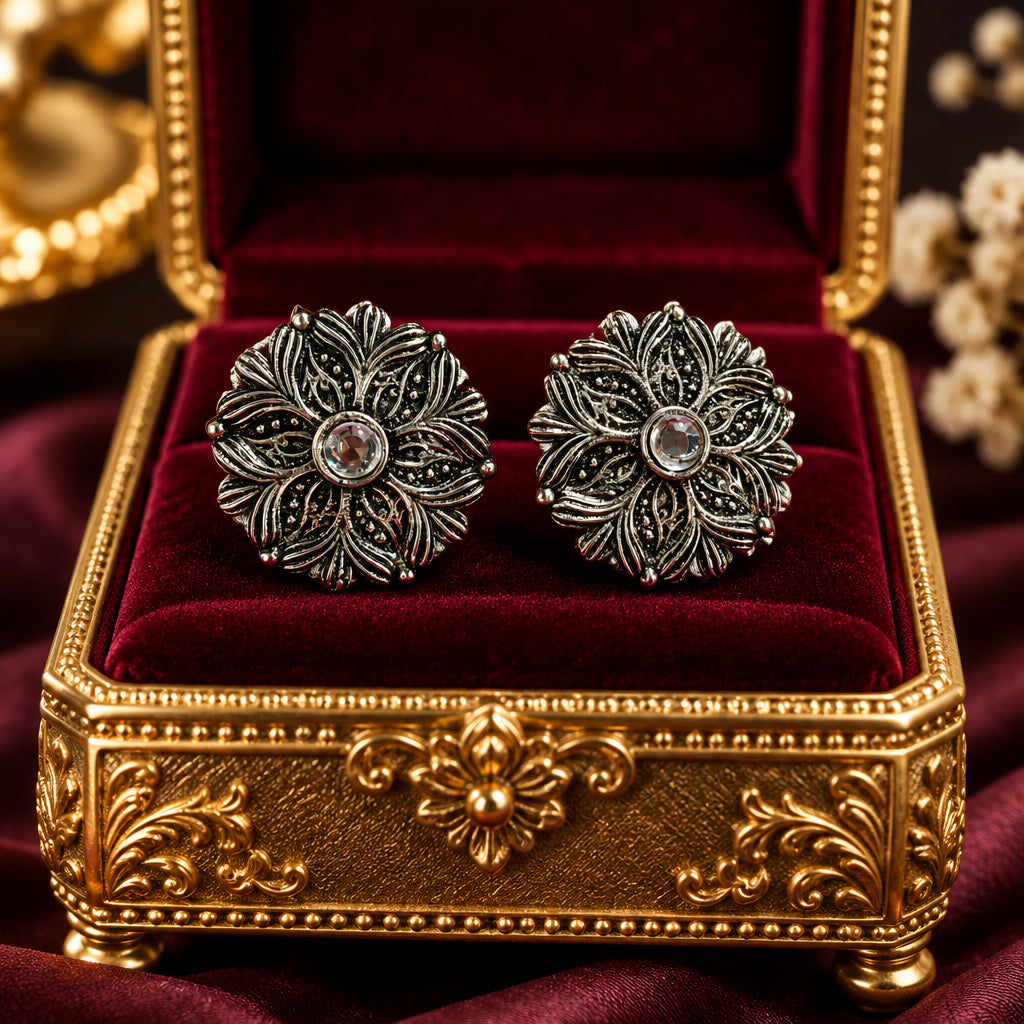 Oxidised Silver Flower Stud Earrings