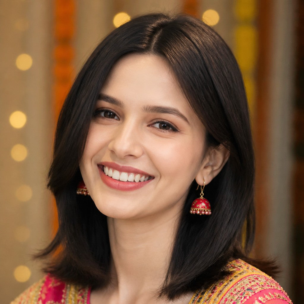 A smiling woman with shoulder-length dark hair wearing a bright pink and gold embroidered traditional outfit and red jhumka earrings, set against a softly blurred warm-toned indoor background.