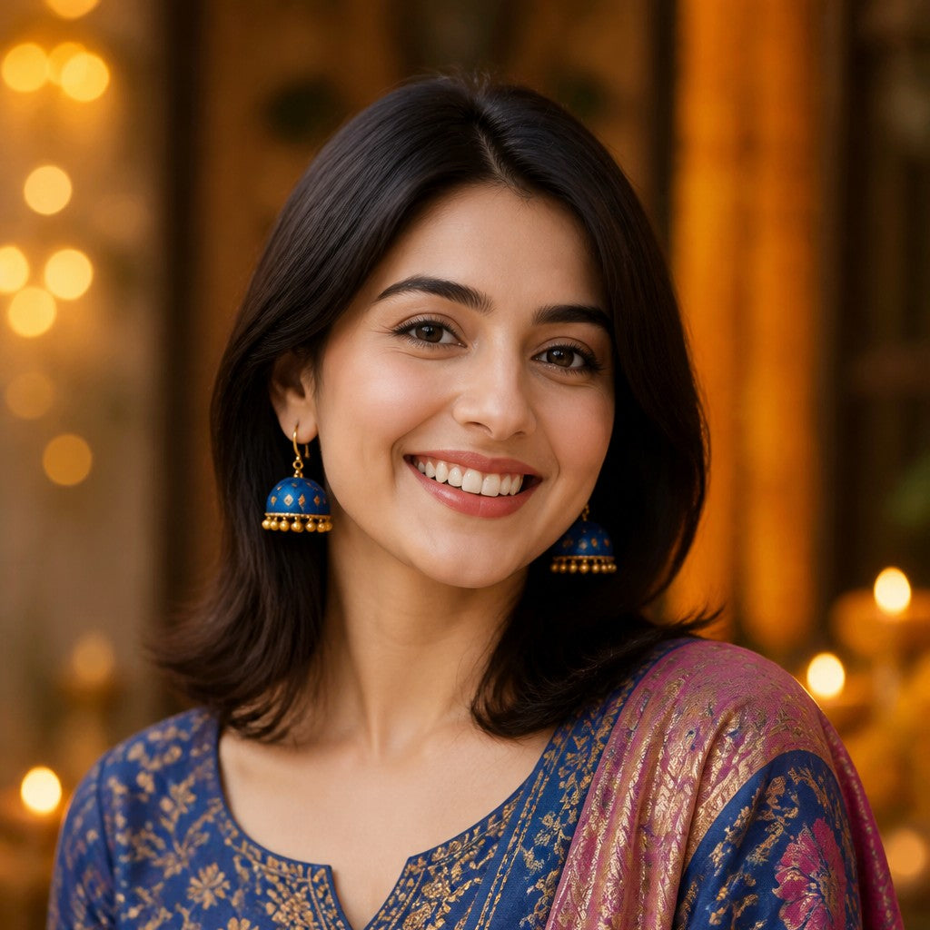 A woman with dark shoulder-length hair smiling, wearing a blue patterned traditional outfit with gold embroidery and a pink patterned dupatta, set against a warm, softly blurred background with bokeh lights.