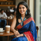 A woman seated at a table in a cafe, wearing a royal blue and red saree with gold motifs and a black blouse. She is wearing a blue necklace with a black pendant and silver earrings.