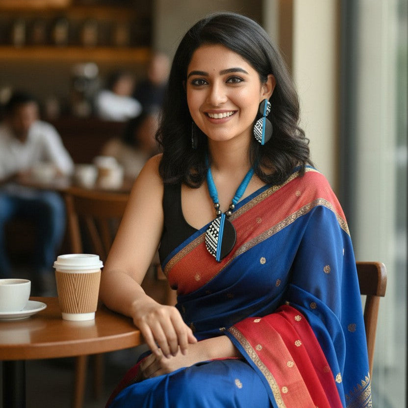 A woman seated at a table in a cafe, wearing a royal blue and red saree with gold motifs and a black blouse. She is wearing a blue necklace with a black pendant and silver earrings.