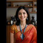 A smiling woman with dark hair is wearing a red and gold sari with a bright blue necklace and matching blue earrings, set against a softly blurred indoor background with wooden shelves.