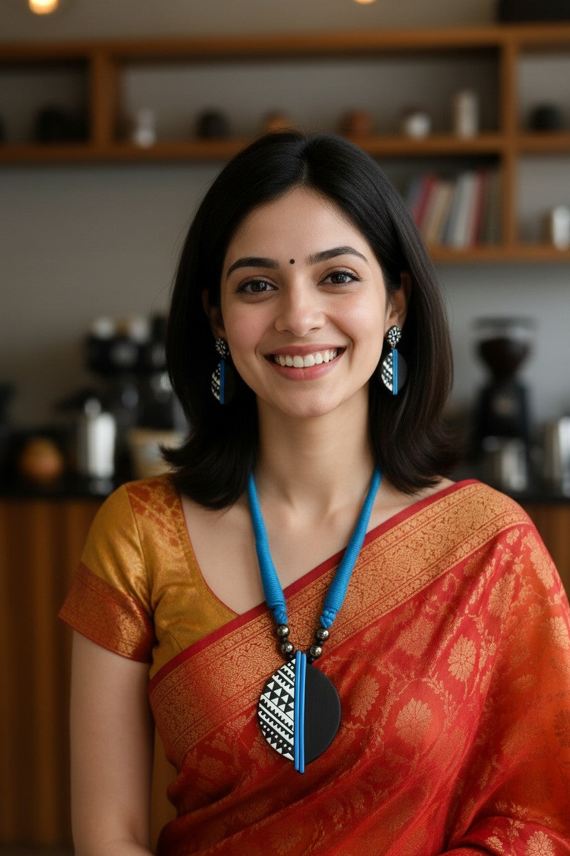 A smiling woman with dark hair is wearing a red and gold sari with a bright blue necklace and matching blue earrings, set against a softly blurred indoor background with wooden shelves.