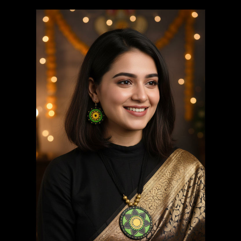 A handmade jewelry set featuring a black cord necklace and matching drop earrings with circular green, yellow, and black painted medallion pendants, displayed on a white mannequin bust.