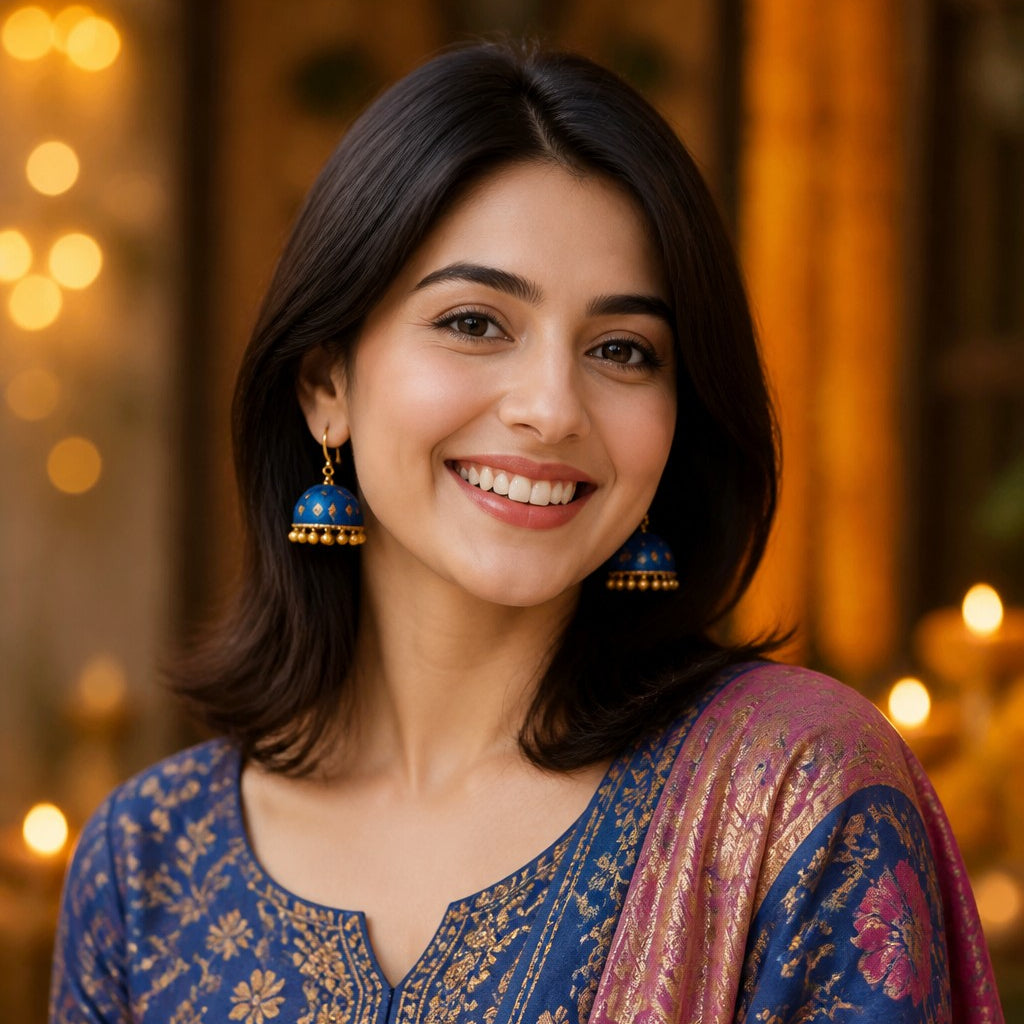 A woman with dark shoulder-length hair smiling, wearing a blue patterned traditional outfit with gold embroidery and a pink patterned dupatta, set against a warm, softly blurred background with bokeh lights.