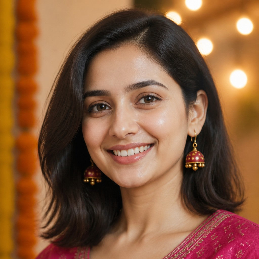 A smiling woman with shoulder-length dark brown hair wearing a magenta pink embroidered kurta and gold jhumka earrings, set against a warm, softly blurred background with bokeh lights.