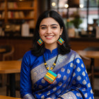 A handcrafted Terracotta Multicolour Statement Necklace Set with a handpainted geometric pendant, displayed with matching earrings.