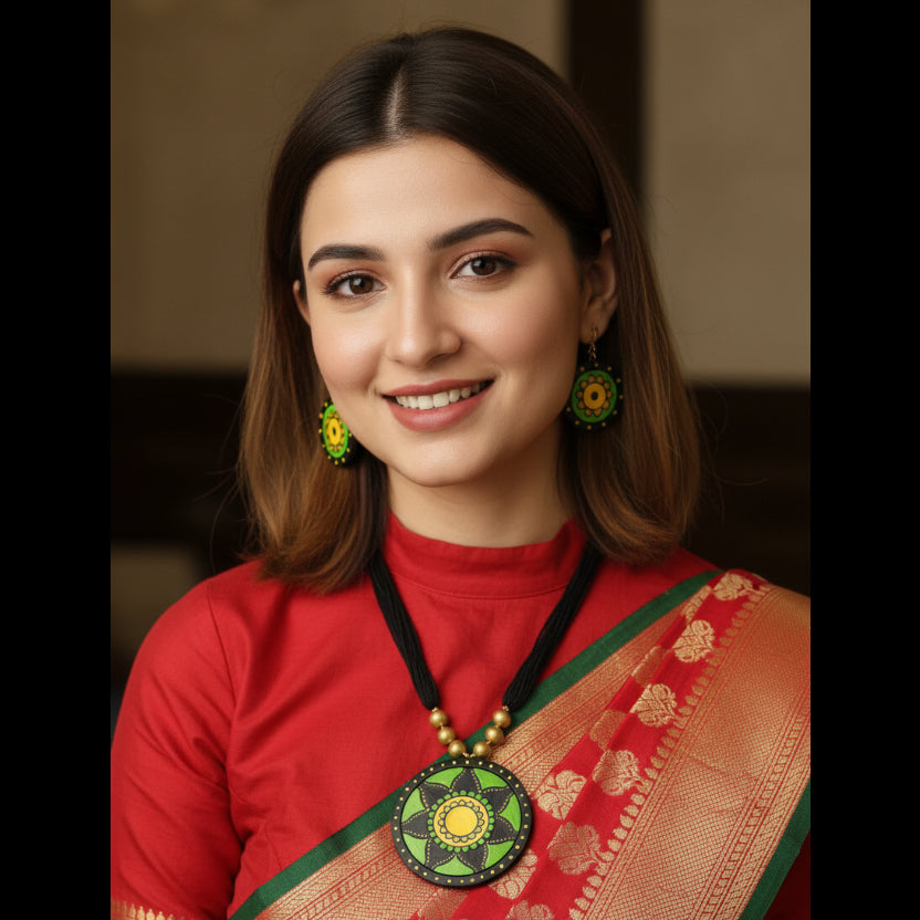A handmade jewelry set featuring a black cord necklace and matching drop earrings with circular green, yellow, and black painted medallion pendants, displayed on a white mannequin bust.