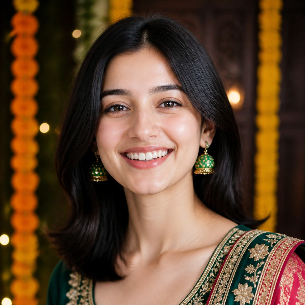A smiling woman with dark shoulder-length hair wearing a dark green embroidered traditional top with gold detailing and a red dupatta with gold borders, accessorized with green jhumka earrings, set against a warm, decorated background with marigold garlands.
