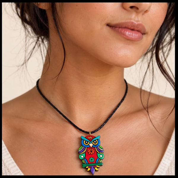 Woman wearing a handpainted terracotta owl pendant necklace on a black cord