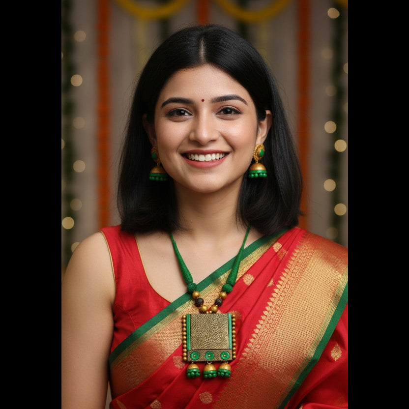 A woman with dark hair smiling, wearing a red and gold saree with green borders, a green necklace with a gold square pendant, and green and gold earrings, set against a warm, decorated background.