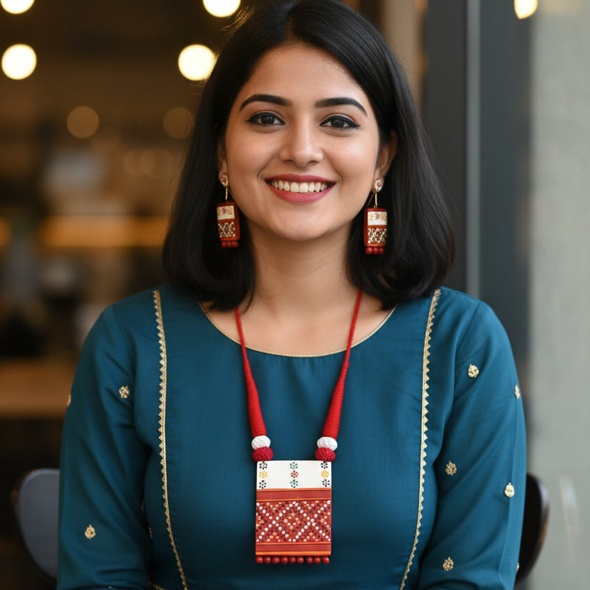 A traditional beaded necklace with a rectangular pendant and matching drop earrings, displayed on a black velvet jewelry bust. The necklace features a vibrant red braided cord and a white, red, and yellow geometric bead pattern.