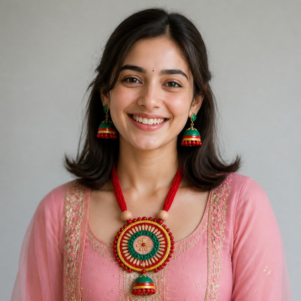 Terracotta Round Orange Green Necklace Set | Earrings Included