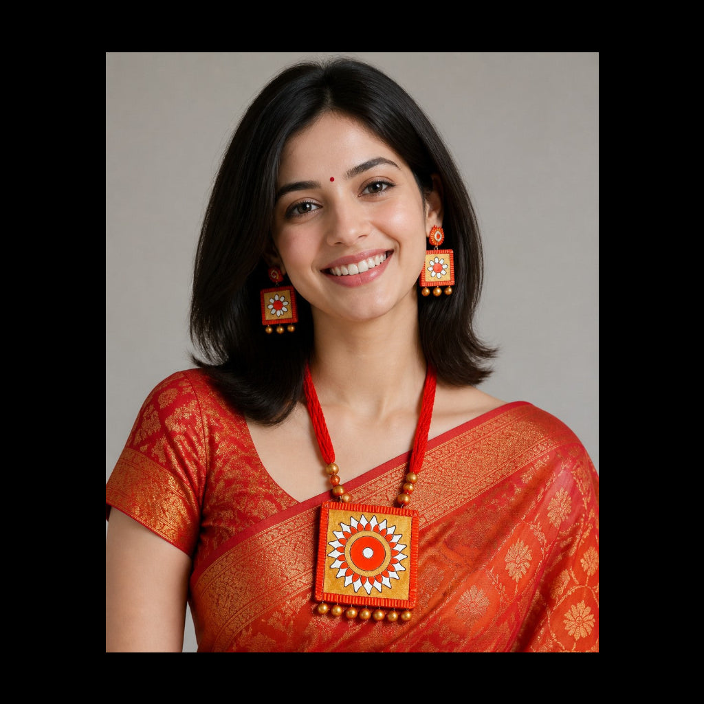 A woman wearing a red and gold saree with a large square pendant necklace and matching earrings, photographed against a plain light gray studio background.