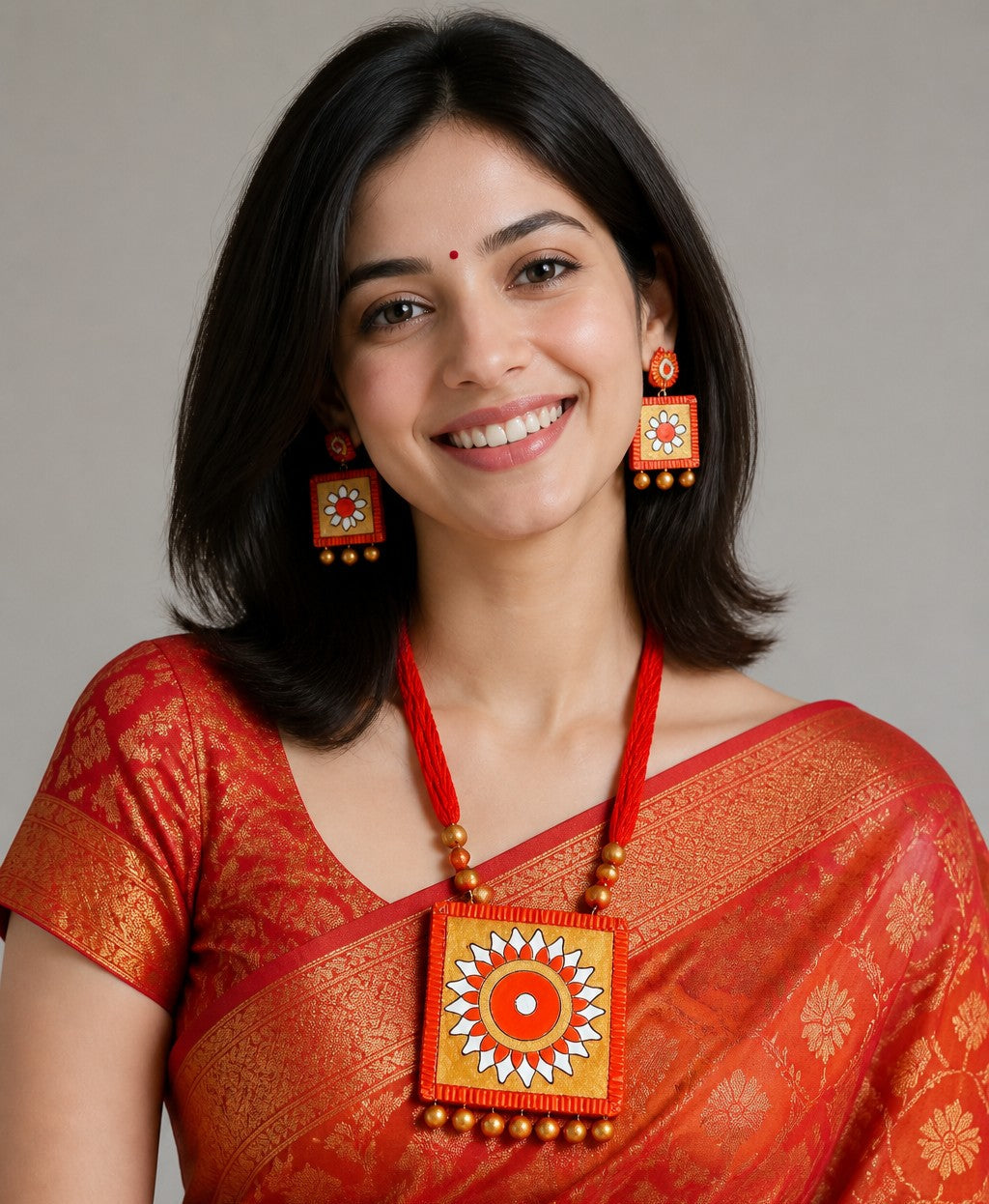 A woman wearing a red and gold saree with a large square pendant necklace and matching earrings, photographed against a plain light gray studio background.