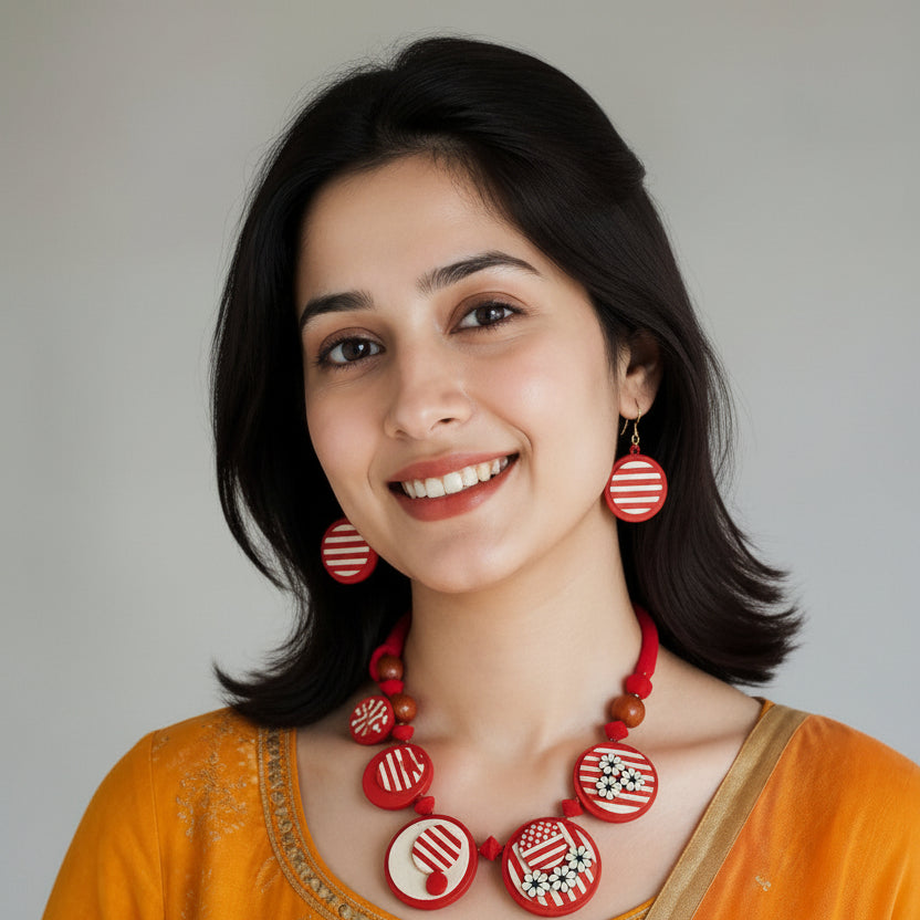A woman with dark hair smiling, wearing a vibrant orange top and matching red, white, and black patterned jewelry including a beaded necklace and round earrings.