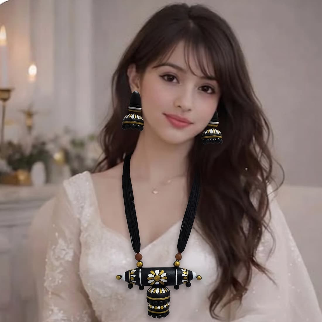 A woman seated indoors wearing a white embroidered traditional outfit with a black-and-gold statement necklace, matching drop earrings, and stacked gold bangles.