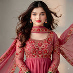 A woman wearing a pink embroidered traditional outfit with floral detailing and a matching sheer dupatta, posed against a soft neutral background.