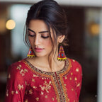 A woman wearing large, colorful traditional Indian jhumka earrings with red, blue, and gold patterns, paired with a red embroidered kurta. The background is a softly blurred indoor setting with warm bokeh lights.