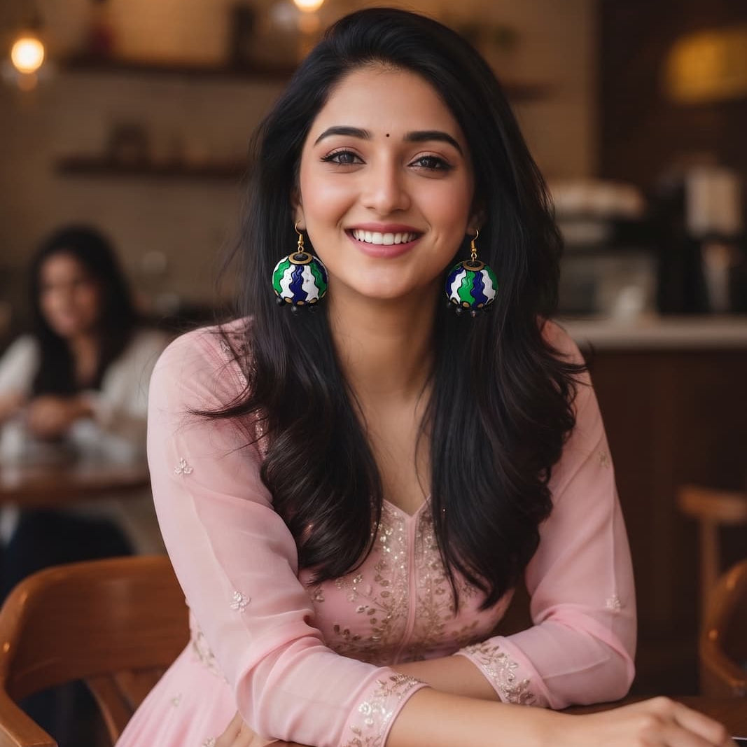 A woman with long dark hair sits at a wooden table in a warm, softly lit cafe or restaurant. She is wearing a light pink embroidered traditional outfit and large green and silver statement earrings.